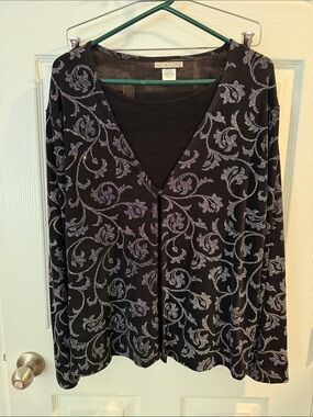 Notations Black Cardigan with Silver Floral Swirl V-Neck